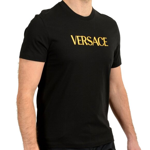 Versace Men's Black Short Sleeve Gold Logo Embroidery T-Shirt US M IT 50 - Picture 2 of 6
